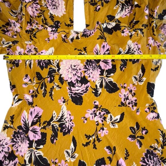 Anthropologie Maeve Midi Dress Size 14 Hi-Low Puff Sleeve Mustard Gold Floral - Picture 10 of 13